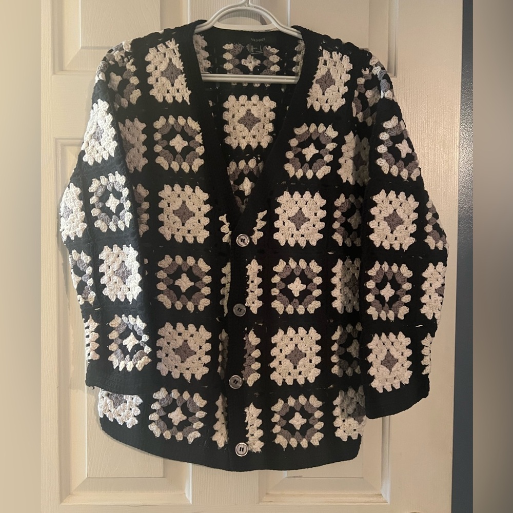 Fun afghan sweater in black white and gray button front cardigan